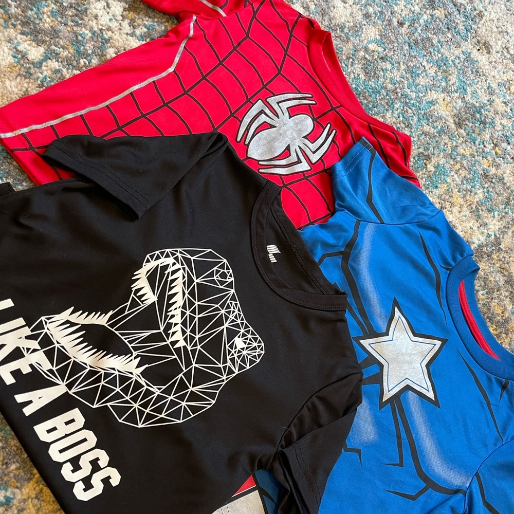 Marvel character 2 tops , and dinosaur top ( boys)